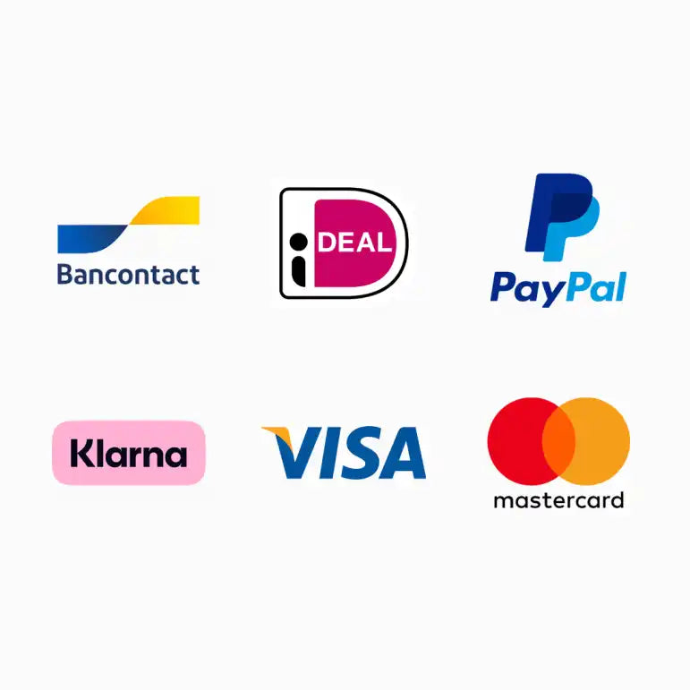 Verzameling van populaire logo's van betaalmethoden, waaronder Bancontact, iDEAL, PayPal, Klarna, Visa en Mastercard.